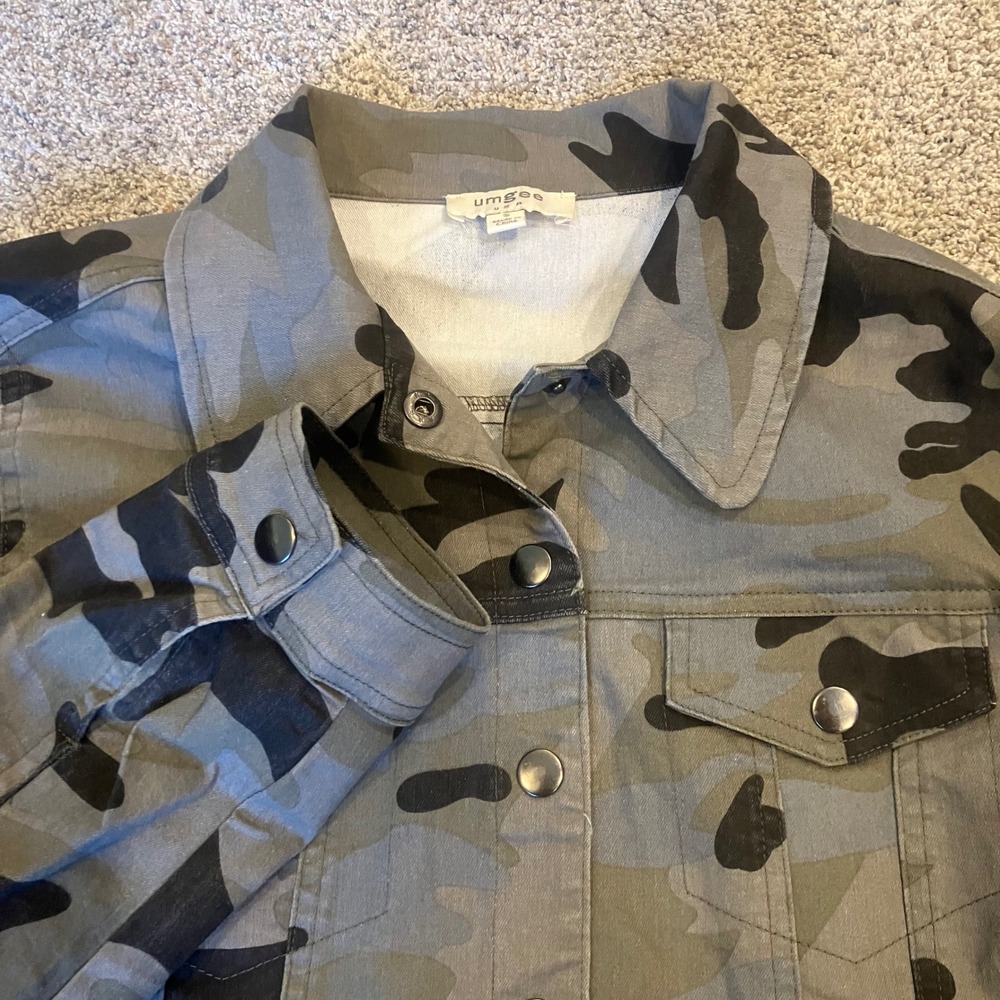 Umgee USA Womens Camo Utility Jacket Grey Black Frayed Hem C2714 Size S